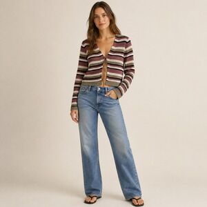 Full Tilt Striped Open Knit Cropped Cardigan Wrap Sweater Burgundy Tan Size M